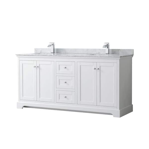Wyndham Collection Avery 72 in. W x 22 in. D Bathroom Vanity in White with Marble Vanity Top in White Carrara with White Basins