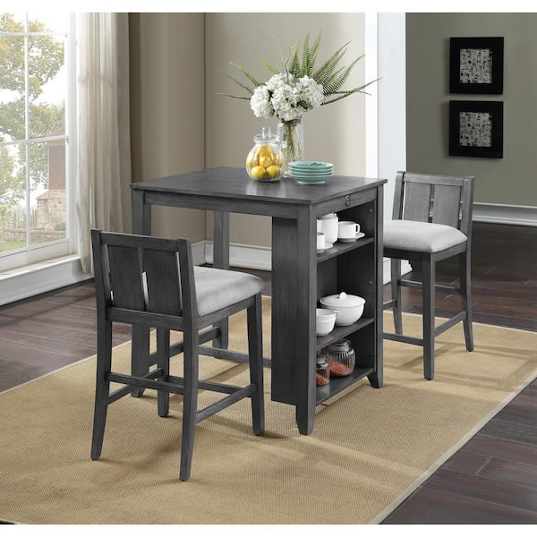 NEW CLASSIC HOME FURNISHINGS New Classic Furniture Heston 3-piece Wood Top Square Counter Set with Storage Shelf, Gray