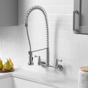2-Handle Wall-Mount Pull-Down Sprayer Kitchen Faucet in Stainless Steel