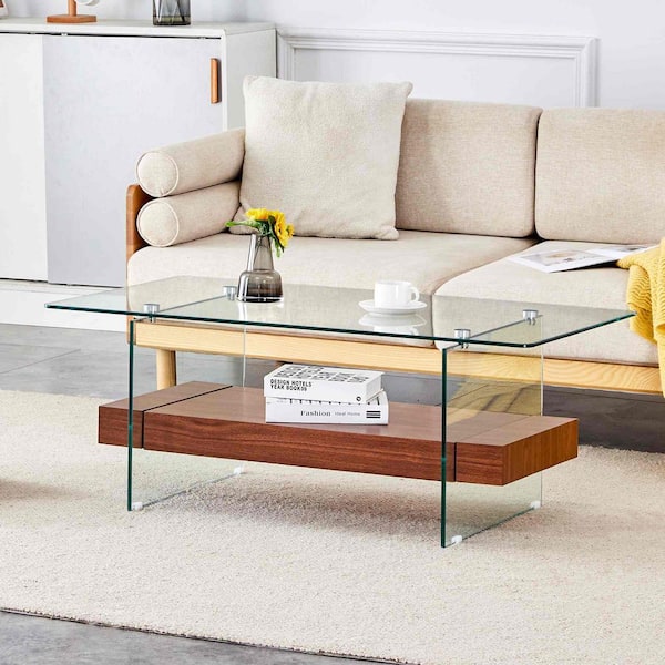 43.3 in. Transparent, Wood Rectangle Glass Coffee Table with 2-Tier Storage