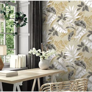 Tropical Leaves Grey and White and Beige Vinyl Peel and Stick Wallpaper Roll (Cover 30.75 sq. ft.)