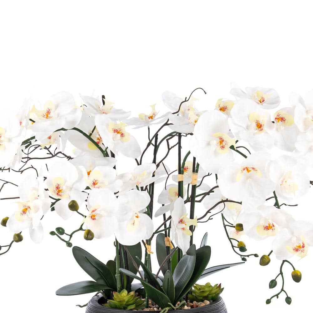 Large White and Green Plastic Orchid Arrangement in Black Pot