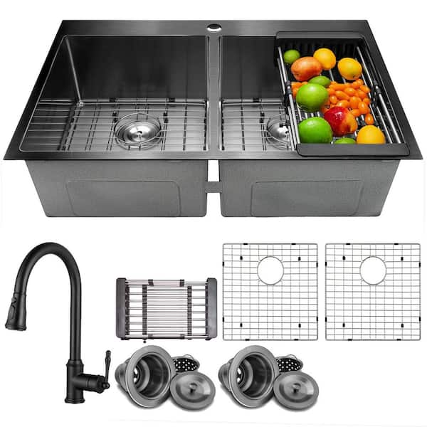 All-in-One Gunmetal Matte Black Finish Stainless Steel 33 in. Double Bowl Drop-In Kitchen Sink with Pull-down Faucet