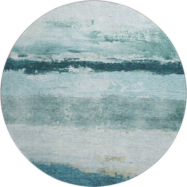 Mayfield Premium Machine Washable Abstract AMF2169 Teal 8 ft. x 8 ft. Round Rug