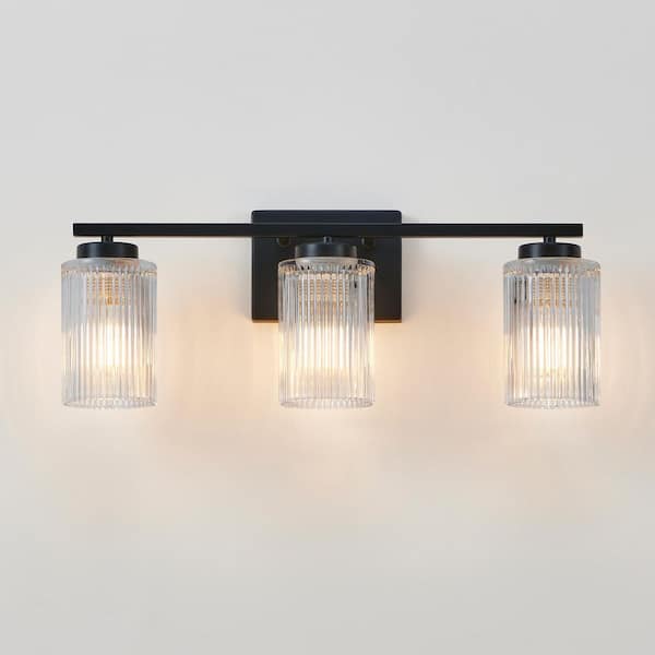 22 in. 3-Light Black Vanity Light with Clear Ribbed Glass Shades