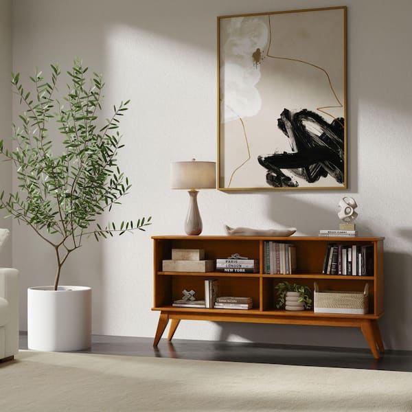 Draper Mid Century Modern 30 in. Tall Teak Brown Solid Hardwood 4 Shelf Low Bookcase
