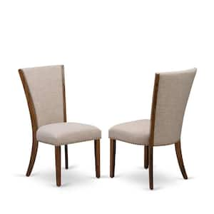 Walnut, Parsons Dining Chairs - Nailhead Trim Light Tan Linen Fabric Upholstered Chairs, Set Of 2