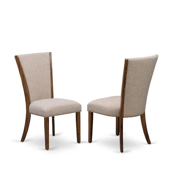 East West Furniture Walnut, Parsons Dining Chairs - Nailhead Trim Light Tan Linen Fabric Upholstered Chairs, Set Of 2