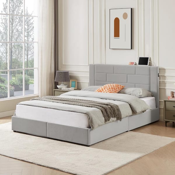 VECELO Upholstered Bed Light Gray Metal Frame Full Platform Bed with USB Charging, Drawers & No Boxspring Needed, Easy Assembly