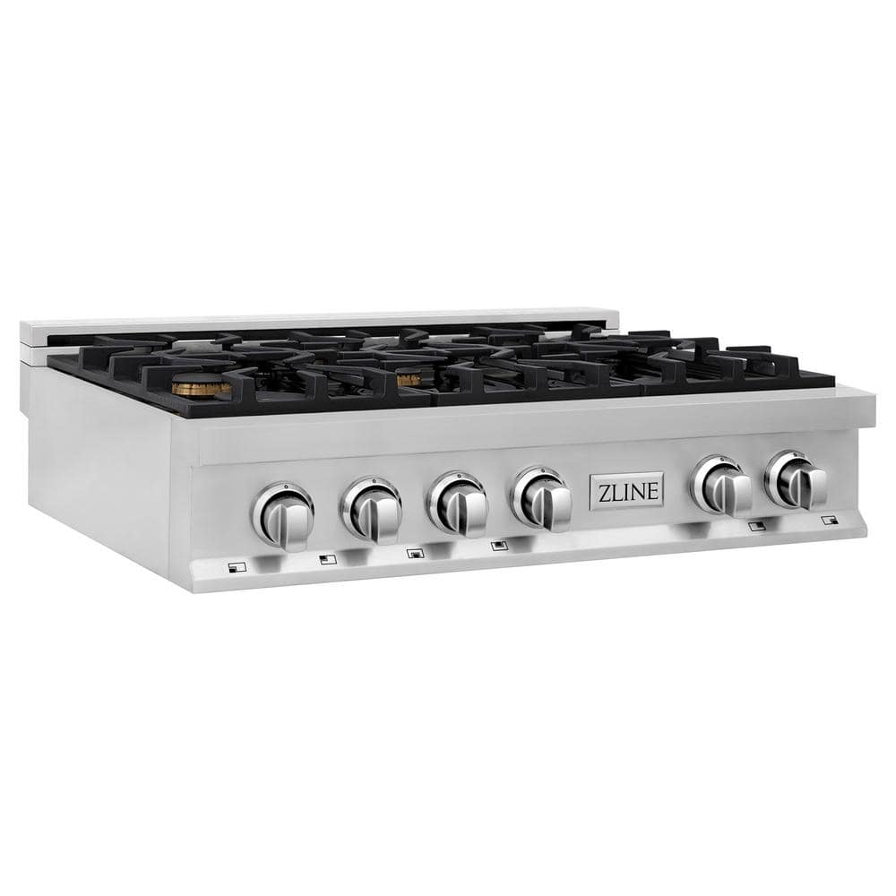 ZLINE Kitchen and Bath 36 in. 6 Burner Front Control Gas Cooktop with Brass Burners in Stainless Steel, Brushed 430 Stainless Steel
