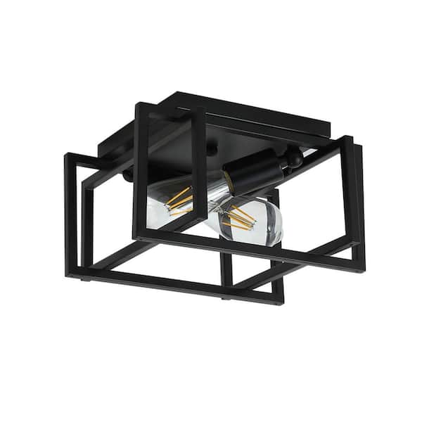 aiwen 11.41 in. 2-Light Black Farmhouse Caged Square Flush Mount Industrial Vintage Ceiling Lighting