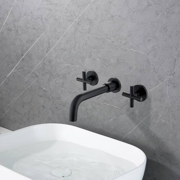 2-Handle Wall Mount Bathroom Faucet with Cross Handles in Matte 