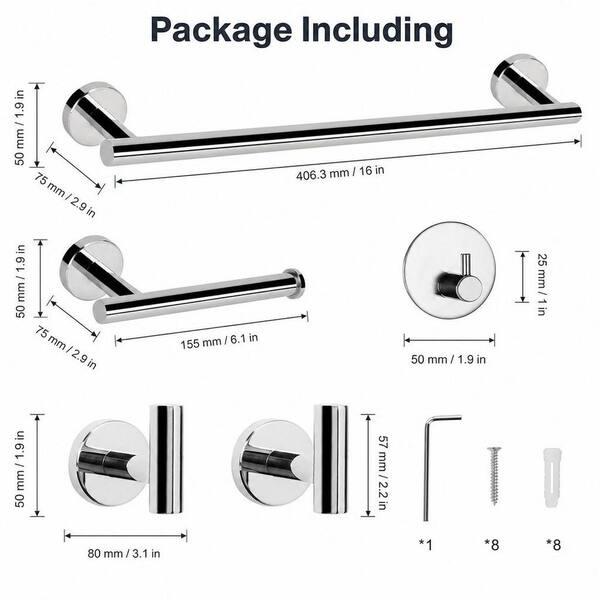 5-Piece Stainless Steel Bathroom Hardware Set with 16 in. Towel Bar, Toilet Paper Holder and Hooks in Chrome for Bath