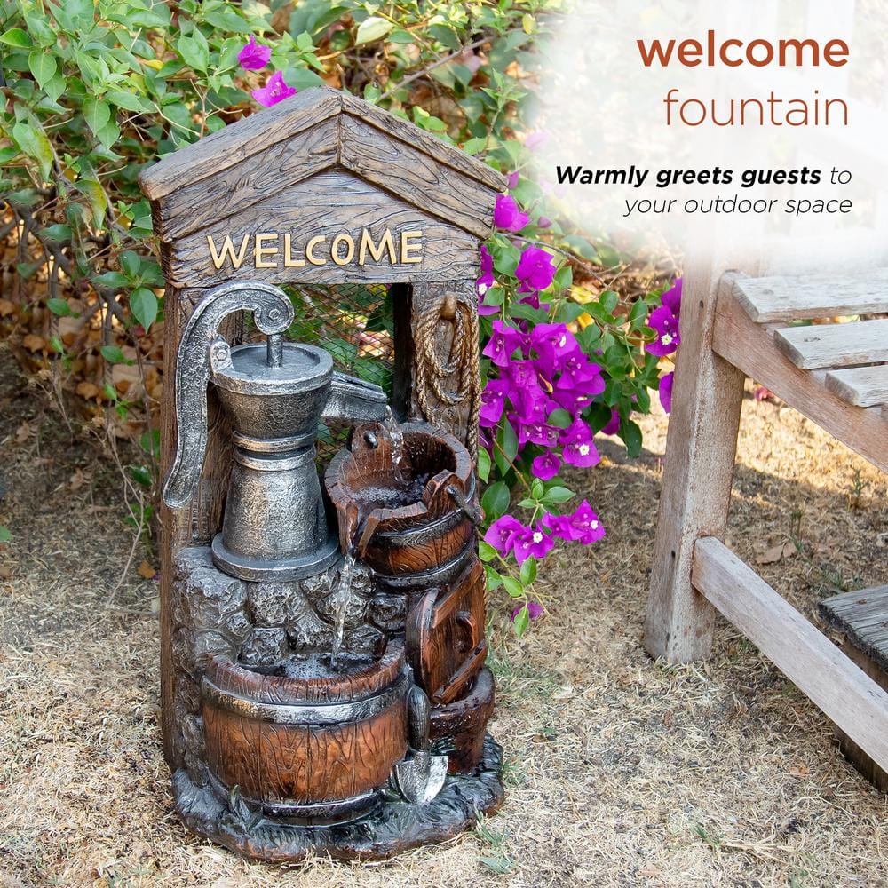 24" Rustic Brown Polyresin Barrel Fountain with Welcome Sign