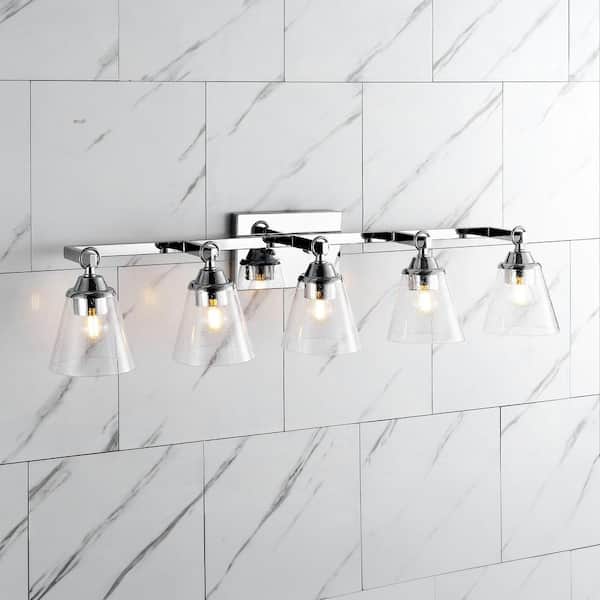 JONATHAN Y Marion 36.5 in. 5-Light Hurricane Metal/Seeded Glass LED Vanity Light, Chrome