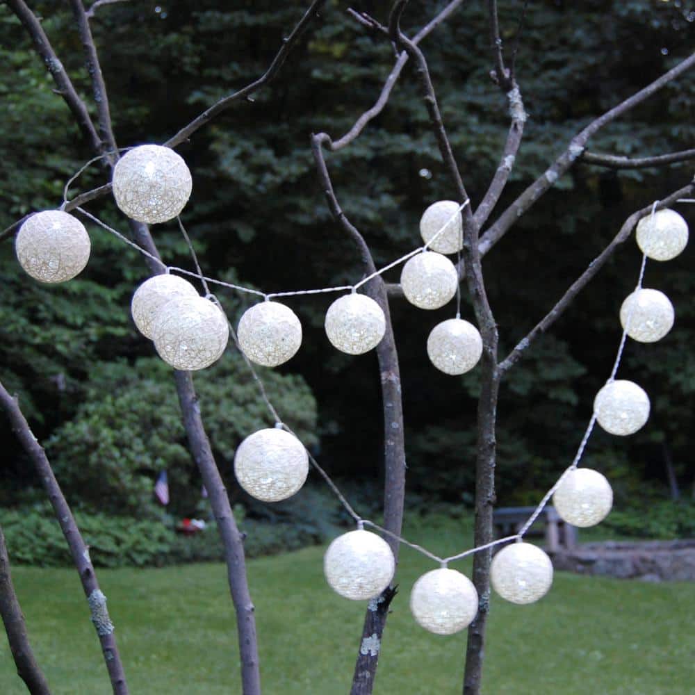 Solar Powered Outdoor String Lights with Warm White Cotton Globes