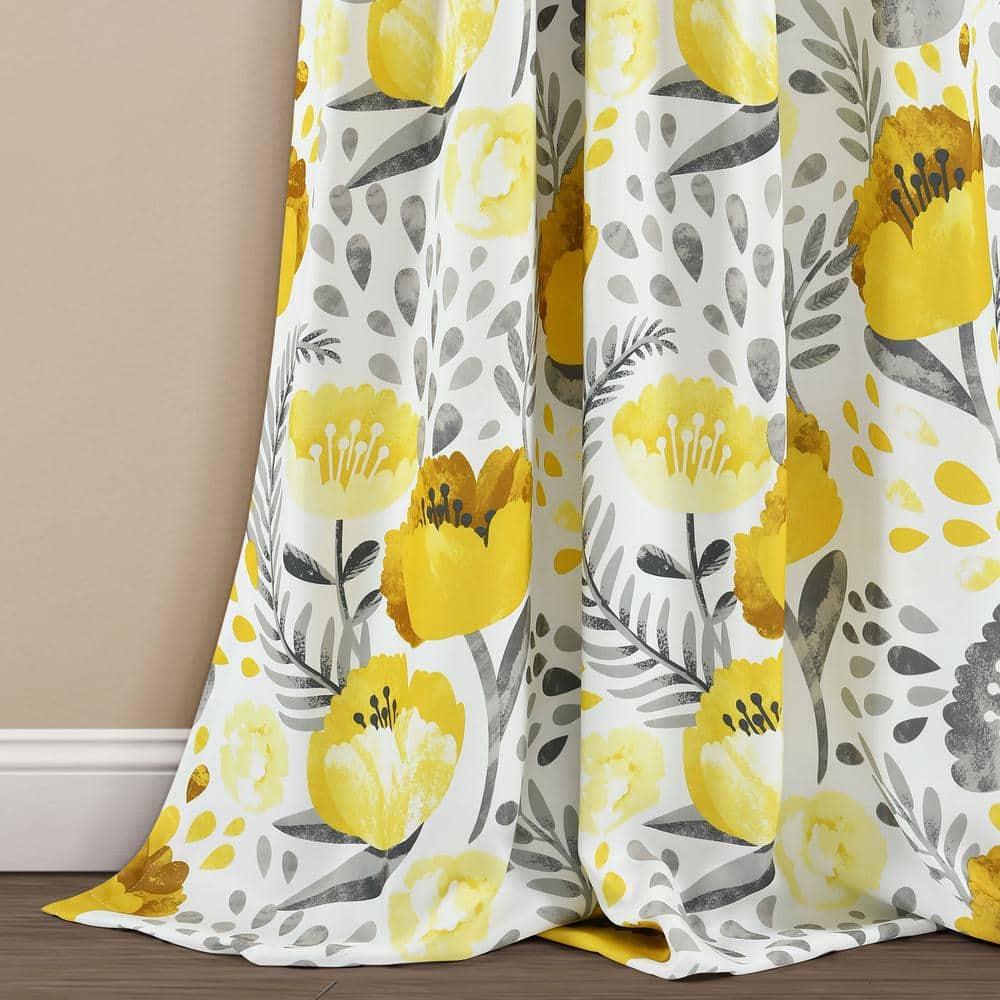 Yellow and White Floral Polyester Room Darkening Curtain Panels