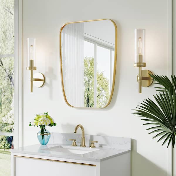 WELLFOR 24 in. W x 32 in. H Novelty Anodized Aluminum Framed Wall-Mounted Bathroom Vanity Mirror in Brushed Gold