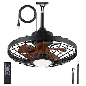 20 in. Outdoor Black Waterproof Caged Ceiling Fan Rope Hook Portable Hanging Ceiling Fan with Light and Remote