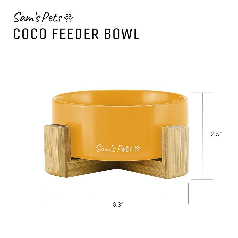 Yellow Ceramic Pet Bowl with Wooden Stand