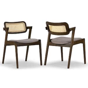 Azula Gray Fabric Dining Chair with Rattan Back and Walnut Wood Legs Set of 2