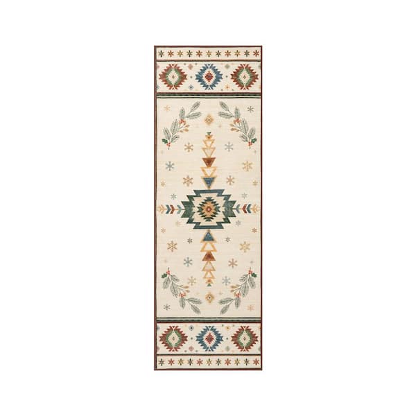 Washable Christmas Vintage Boho Tribal Snowflake Non Slip 2 ft. x 6 ft. Beige Entryway Kitchen Indoor Runner rug