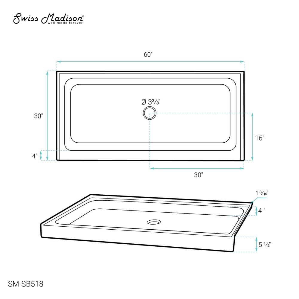 Voltaire 60" x 30" Glossy White Acrylic Shower Base