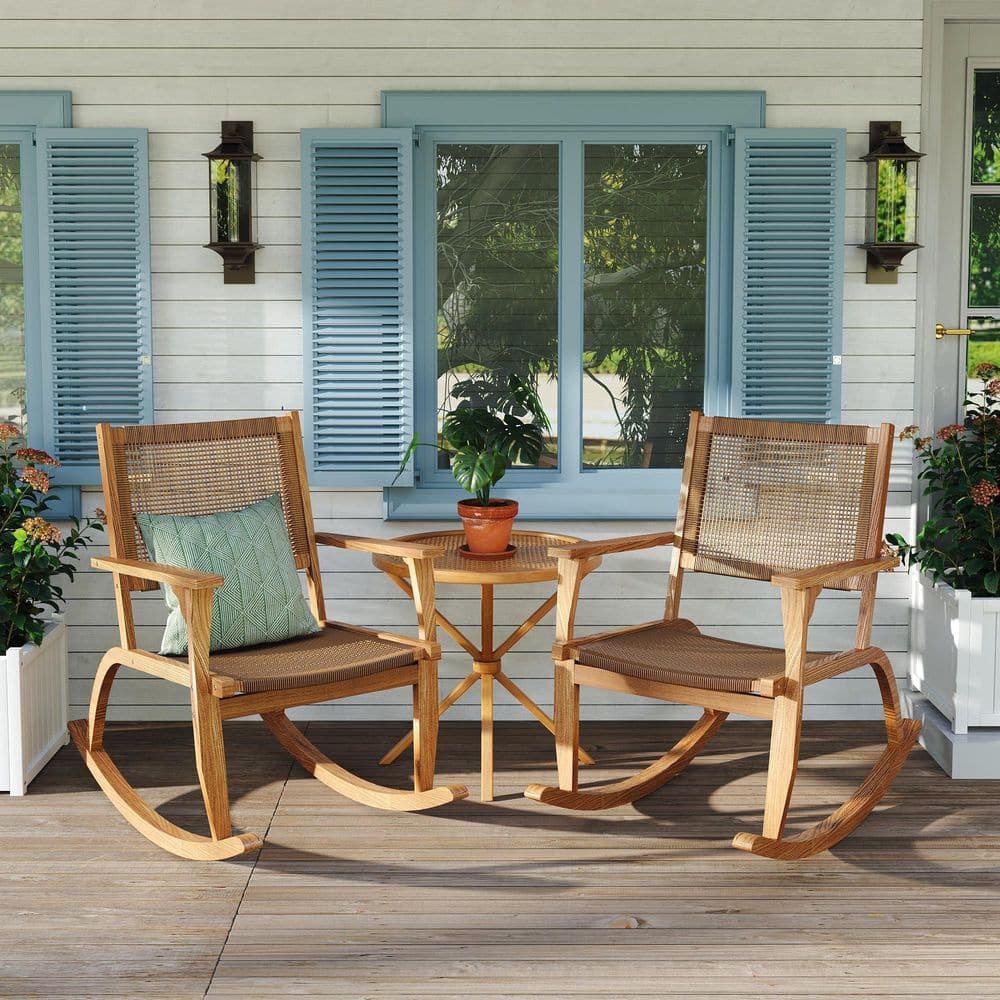 2-Piece Acacia Wood Outdoor Rocking Chair with Wicker Rattan Seat and Backrest for Backyard, Balcony price history on PriceWatchPro