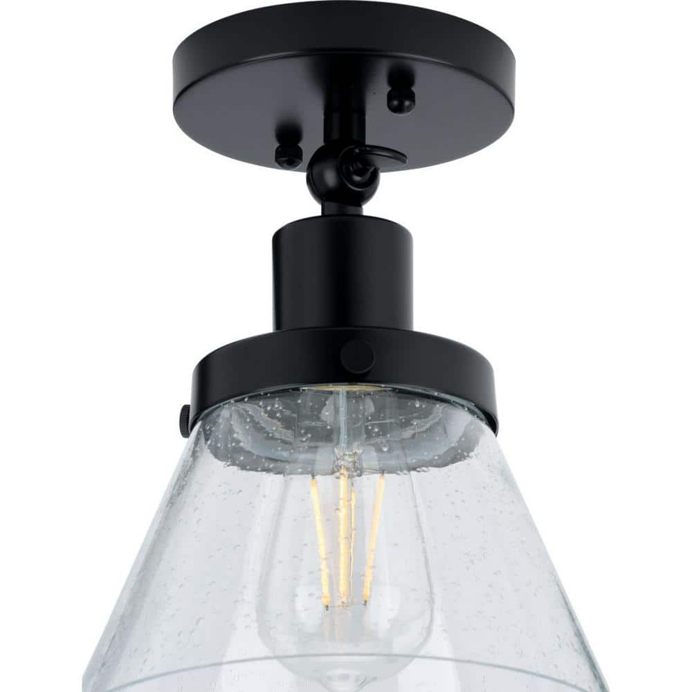 Matte Black and Seeded Glass Industrial Flush Mount Ceiling Light