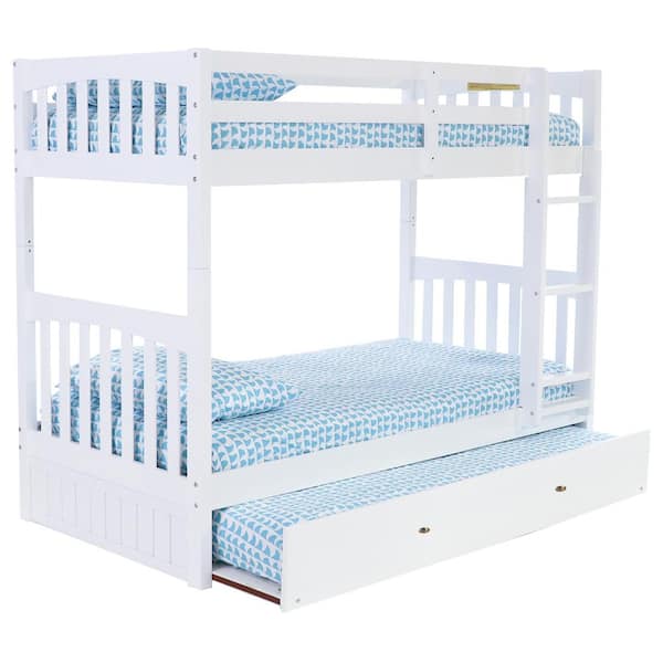 OS Home and Office Furniture Casual White Mission White Painted Twin Over Twin Bunkbed with Twin Trundle