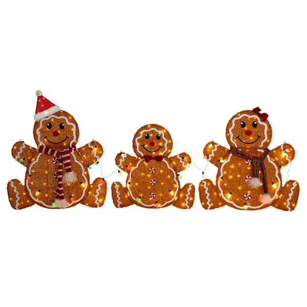 38.25 in. Lighted Christmas 2D Fabric Gingerbread Family Outdoor Decor with Bulbs and Warm White LED Lights (Set of 3)