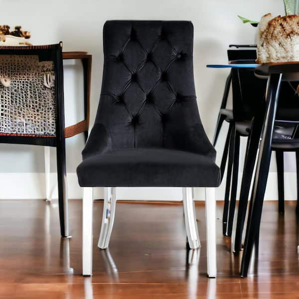 HomeRoots Tufted Black And Clear Upholstered Velvet Side Chair (Set Of 2)