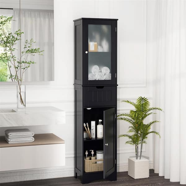 16 in. W x 12 in. D x 67 in. H Black Bathroom Tall Freestanding Linen Cabinet Tower with Doors and Drawer