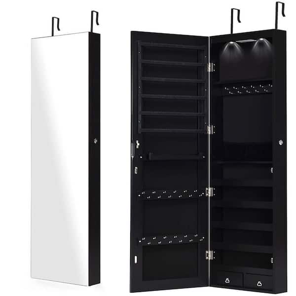Mecale 54.5 in. Rectangular Black MDF Freestanding Jewelry Armoire Boxes Storage Organizer with Mirror