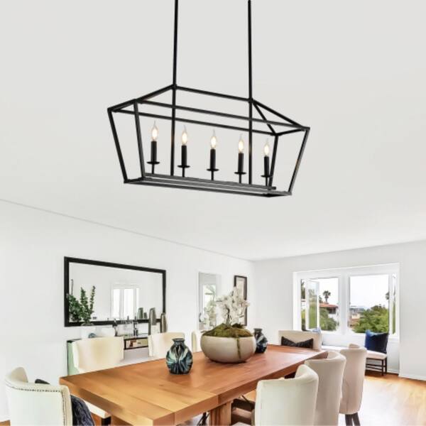 AMZASA Black Farmhouse 5-Light Rectangular Chandelier – Linear Island Light For Dining Room, Kitchen, Office (UL Listed)