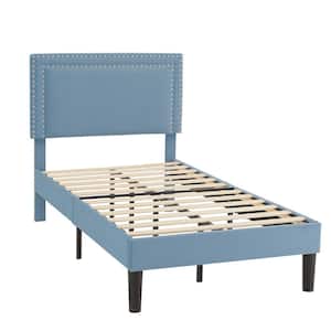 Upholstered Bed with Adjustable Headboard, No Box Spring Needed Platform Bed Frame, Bed Frame Light Blue Twin Bed