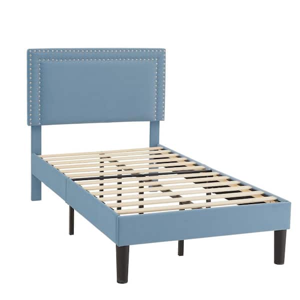 Upholstered Bed with Adjustable Headboard, No Box Spring Needed Platform Bed Frame, Bed Frame Light Blue Twin Bed