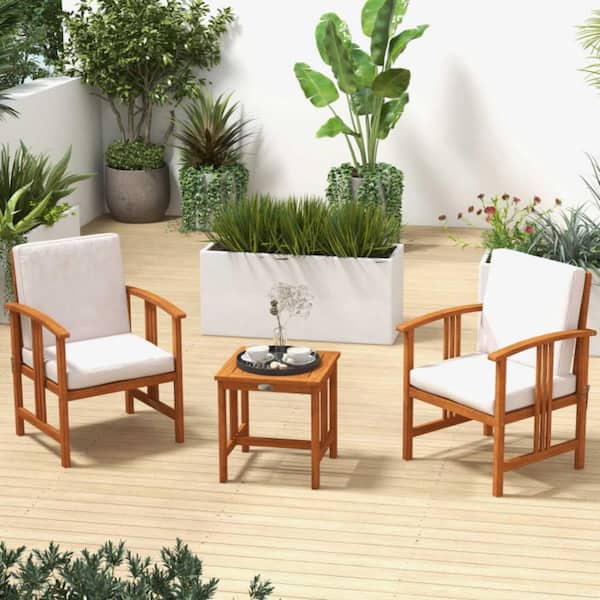Kadehome Brown 3-Piece Solid Acacia Wood Frame Outdoor Patio Conversation Set with Upgraded Thick and White Washable Cushion