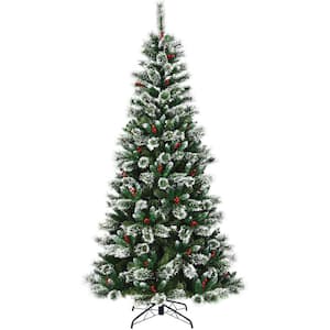 8 ft. Artificial Christmas Tree Snow Flocked Hinged Tree with Red Berries