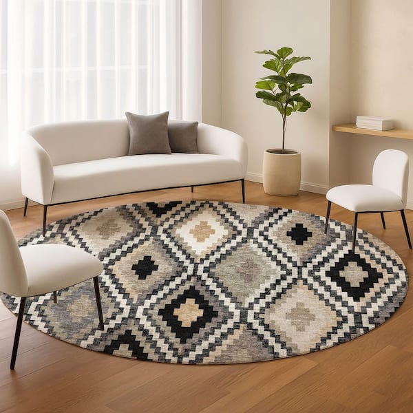 Chantille Machine Washable Indoor/Outdoor Abstract ACN2331 Black 8 ft. x 8 ft. Round Rug