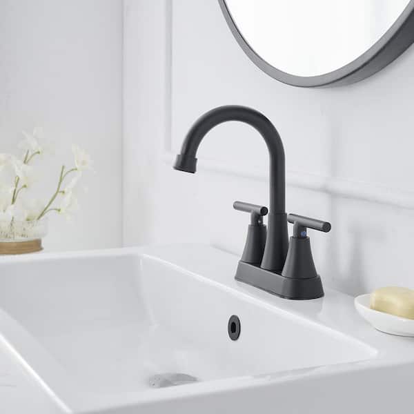 Easy Install 4 in. Centerset Double Handle Spot Resistant Bathroom Faucet with Drain Kit in Matte Black