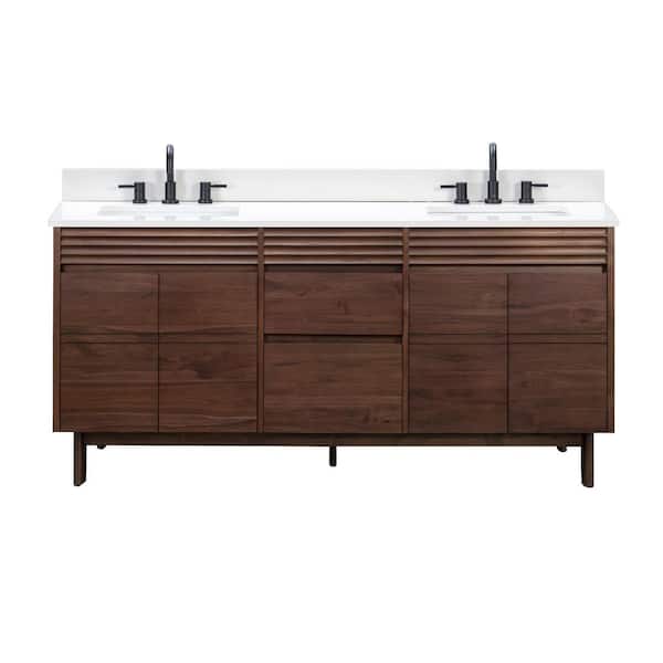 Carina 73 in. Double Sink Coffee Teak Bath Vanity with White Engineered Stone Top