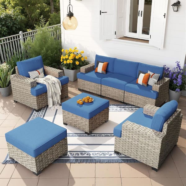 Kairos 7-Pieces Wicker Outdoor Patio Conversation Seating Set with Diamond Blue Cushions