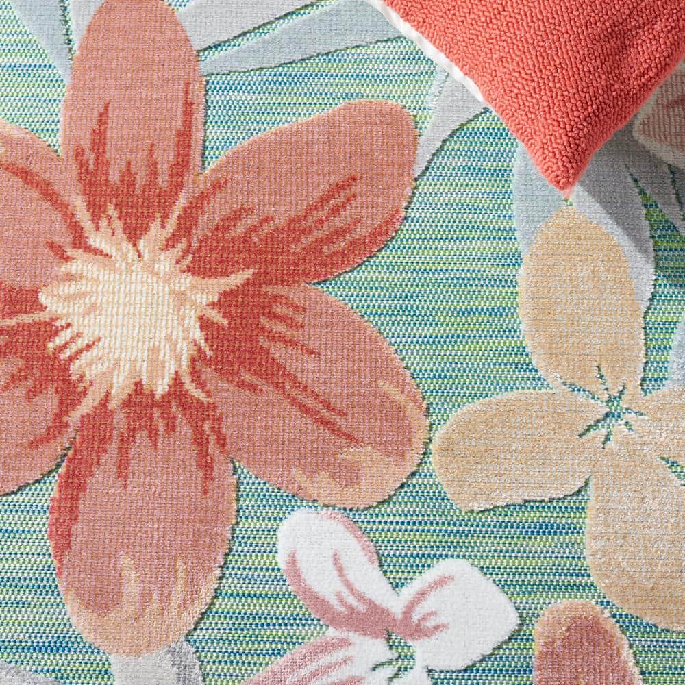 Green and Rust Floral Synthetic Round Washable Area Rug