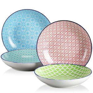 Macaron 8.6 inch Soup Porcelain Plate Patterned 4 Designs Hand Painted Soup Plate Set(Set of 4 )