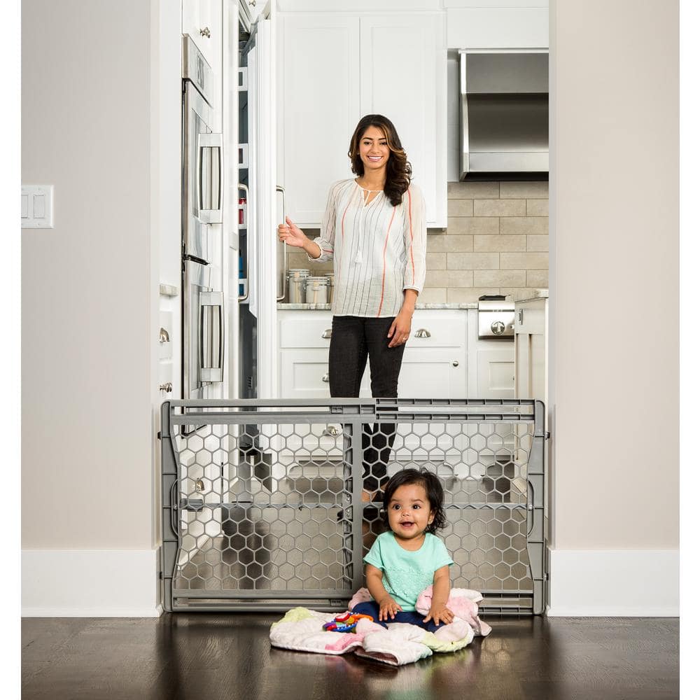 Adjustable Gray Plastic Pressure-Mounted Baby Gate, 28-42 Inches