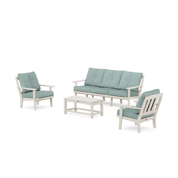 Cape Cod 4-Piece Plastic Patio Conversation Set with Sofa in Sand Castle/Glacier Spa Cushions
