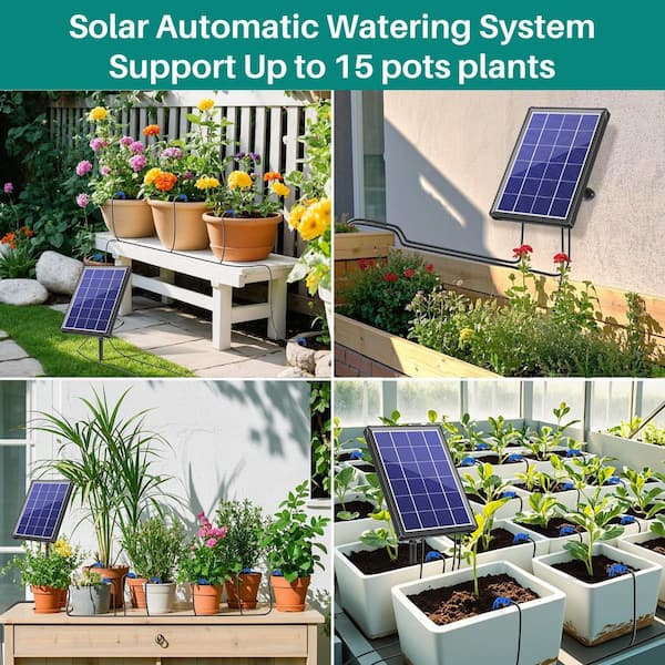Oyezvary Solar Drip Irrigation System with Digital Programmable Timer for 15 Potted Plants, Indoor Outdoor Garden Watering