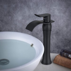 Single Handle Single Hole Waterfall Bathroom Vessel Sink Faucet with Pop-up Drain Assembly in Matte Black