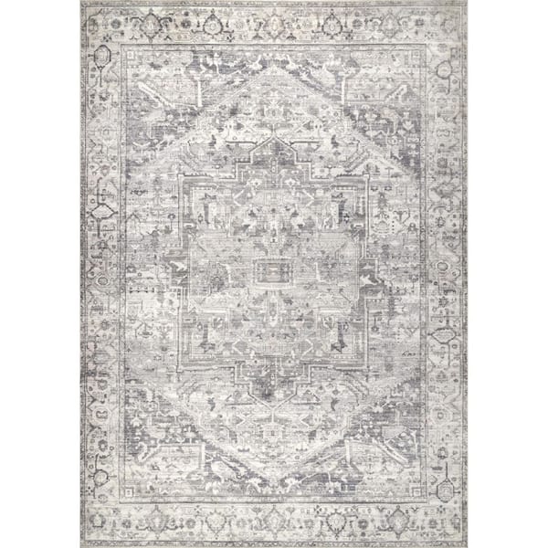 nuLOOM Brielle Machine Washable Vintage Medallion Gray 6 ft. x 6 ft. Square Rug